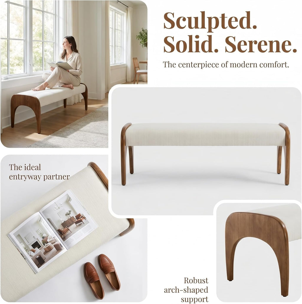 LukeAlon Extra Long Upholstered Bench, 51" Wide Mid-Century Modern Bench with Curved Solid Wood Legs, Comfy Linen Fabric Seat for Bedroom End of Bed, Living Room, Dining Table, Entryway Hallway