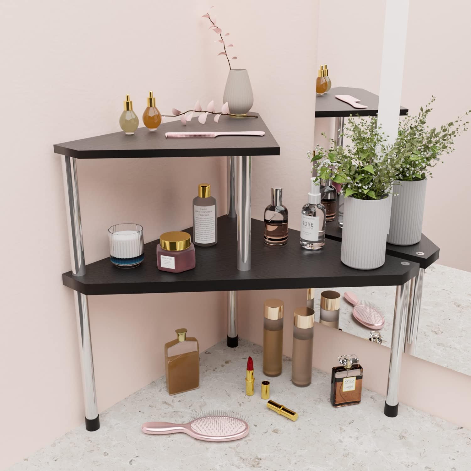 Weenson Bathroom Counter Organizer Over Sink for Toiletries, Makeup, Kitchen Countertop Organizer Spice Rack for Salt, 2-Tier Corner Counter Shelf for Coffee Area Storage Dresser Table(Black)