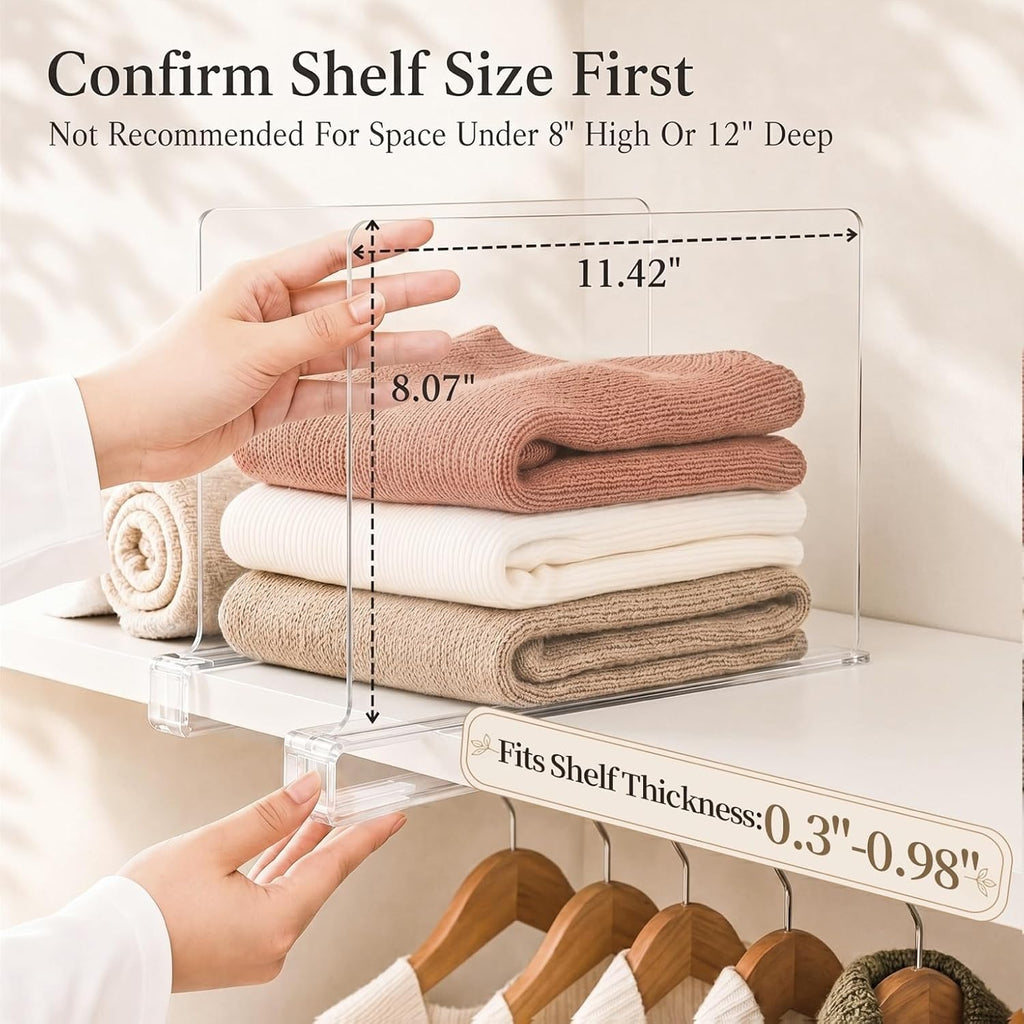 SortNStore Shelf Dividers Purse Organizer for Closet: 8-Pack Acrylic Bag Storage Organizer for Handbags, Clutches, Clothes, Sweater, Towel on Wood Shelves