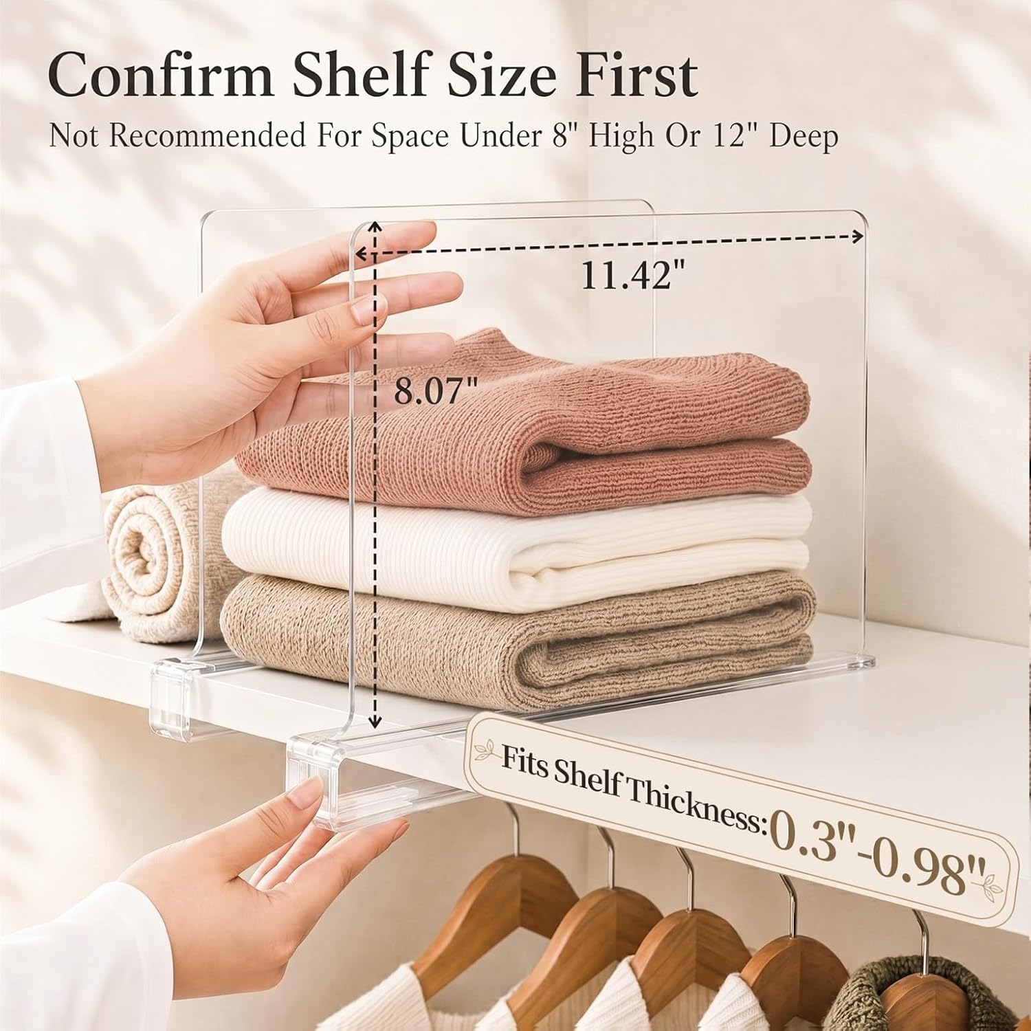 SortNStore Shelf Dividers Purse Organizer for Closet: 8-Pack Acrylic Bag Storage Organizer for Handbags, Clutches, Clothes, Sweater, Towel on Wood Shelves
