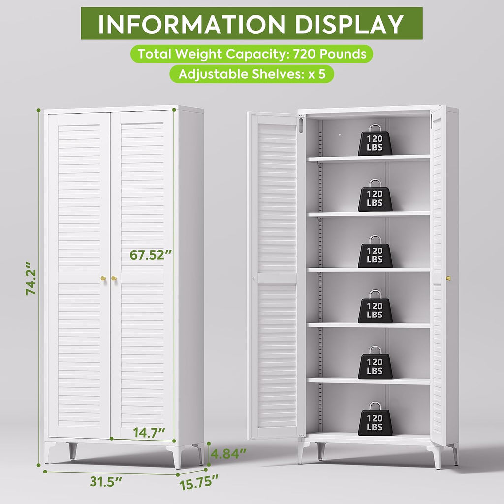 74" H Tall Kitchen Pantry Cabinet with Louvered Doors, Metal Storage Cabinet with 5 Adjustable Shelves, Large Cupboard for Dining Room, Kitchen, Living Room, White, Assembly Required