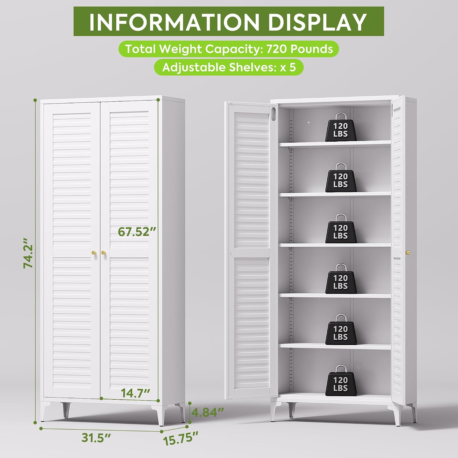 74" H Tall Kitchen Pantry Cabinet with Louvered Doors, Metal Storage Cabinet with 5 Adjustable Shelves, Large Cupboard for Dining Room, Kitchen, Living Room, White, Assembly Required