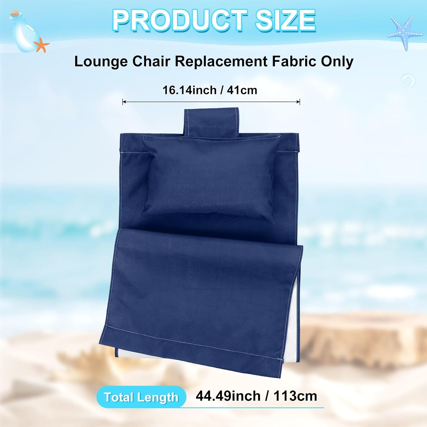 M METERXITY Beach Sling Chair Replacement Canvas, 16x44.5 Inch Folding Lounge Chair Fabric with Pillow for Beach/Sunbathing/Courtyard/Garden [Dark Blue, Only Replacement]