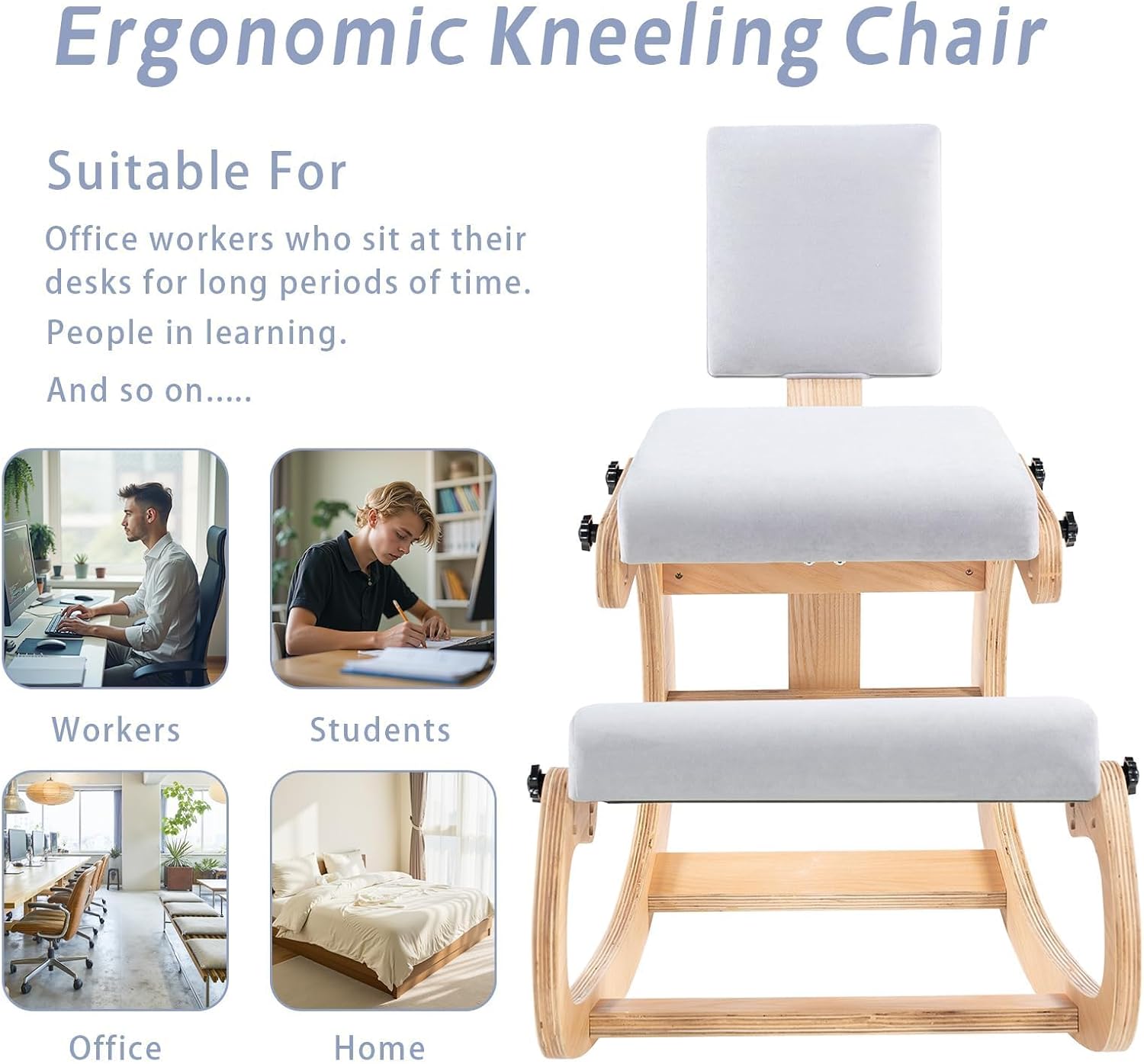 VDNEND Ergonomic Kneeling Chair with Back Support,Wooden Kneeling Chair Desk for Work, Rocking Office Kneel Chairs for Relieve Back Pain, Kneeling Posture Chairs for Gaming,Home (Light Gray)