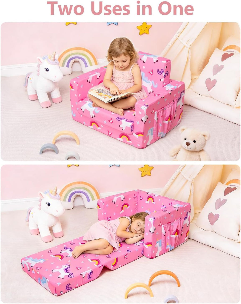 TinyPalsa Foldable Toddler Couch, 30% More Firmness, 2-in-1 Comfy Sofa & Lounger for 3+ Years Old Girls Boys, Space Saving & Easy to Clean Kids Chair for Reading, Playroom (Pink Magical Pony)