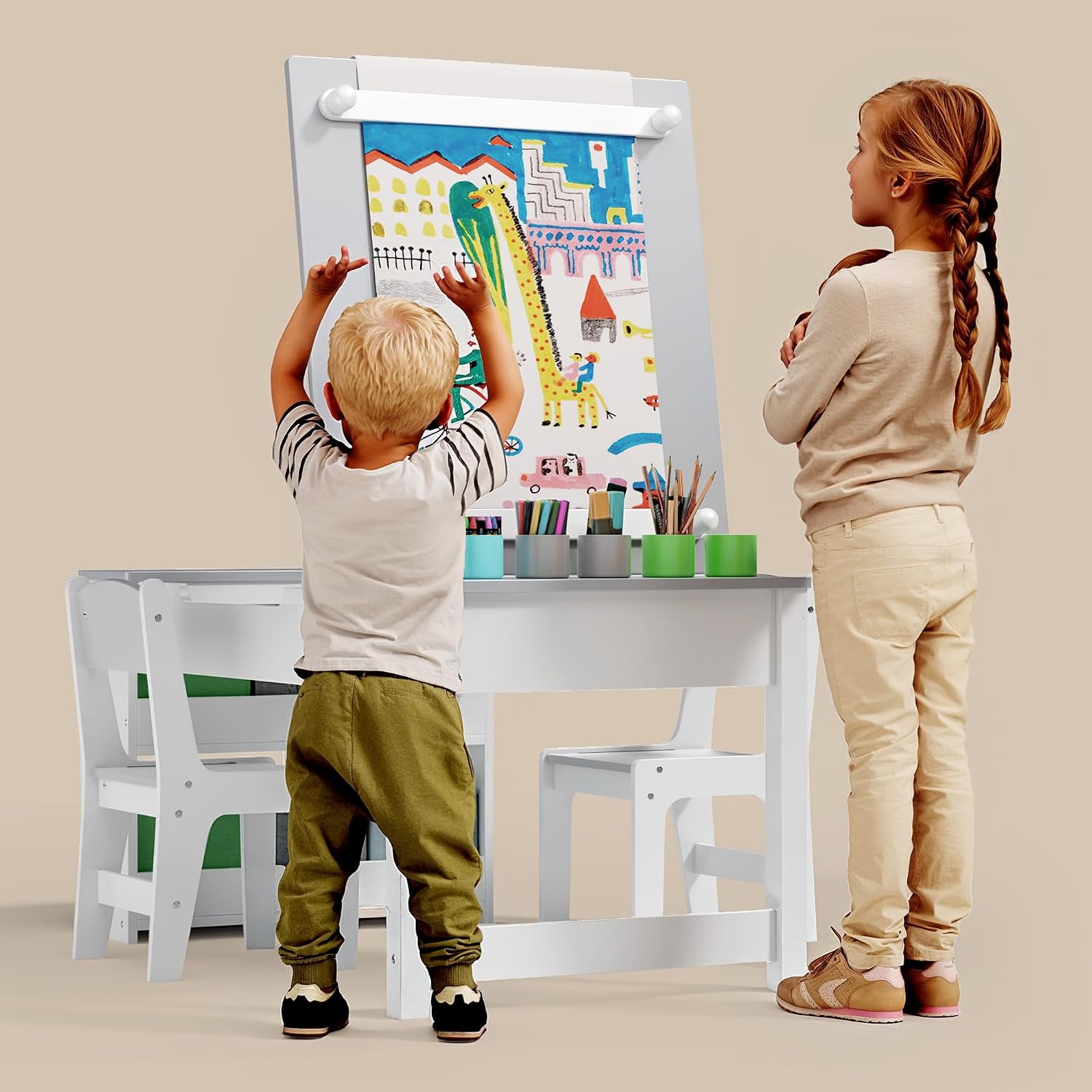 Gizoon Kids Art Table and Chairs with Removable Tabletop Storage,Toddler Craft Table and Chair Set for Drawing Studying Playing Wooden Kid Acitivity Table in Playroom Kids Room Living Room, Gray