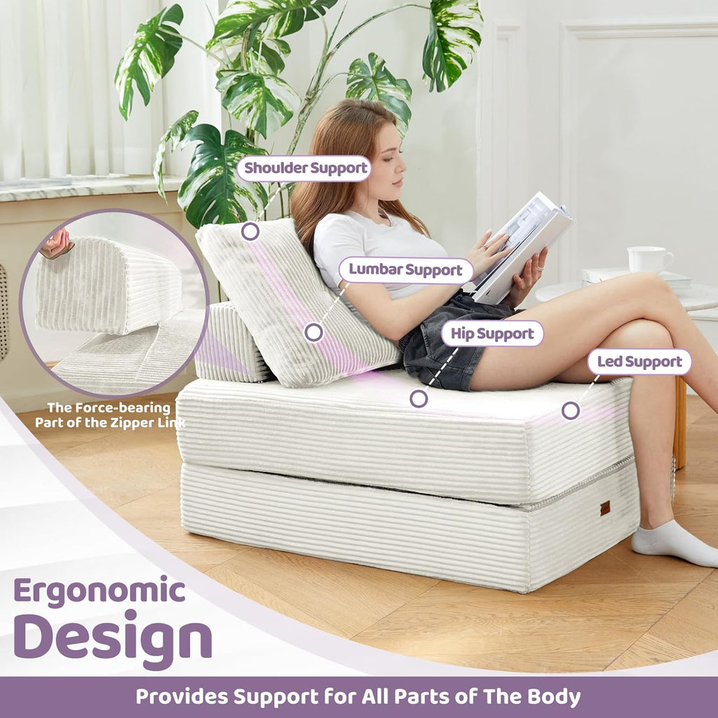 Folding Sofa Bed Chair, Sleeper Chair for Adults with High-Density Foam and Pillow,Portable 3 in 1Folding Chair Bed for Living Room、Apartment 、Hotel,Single, Creamy Apricot