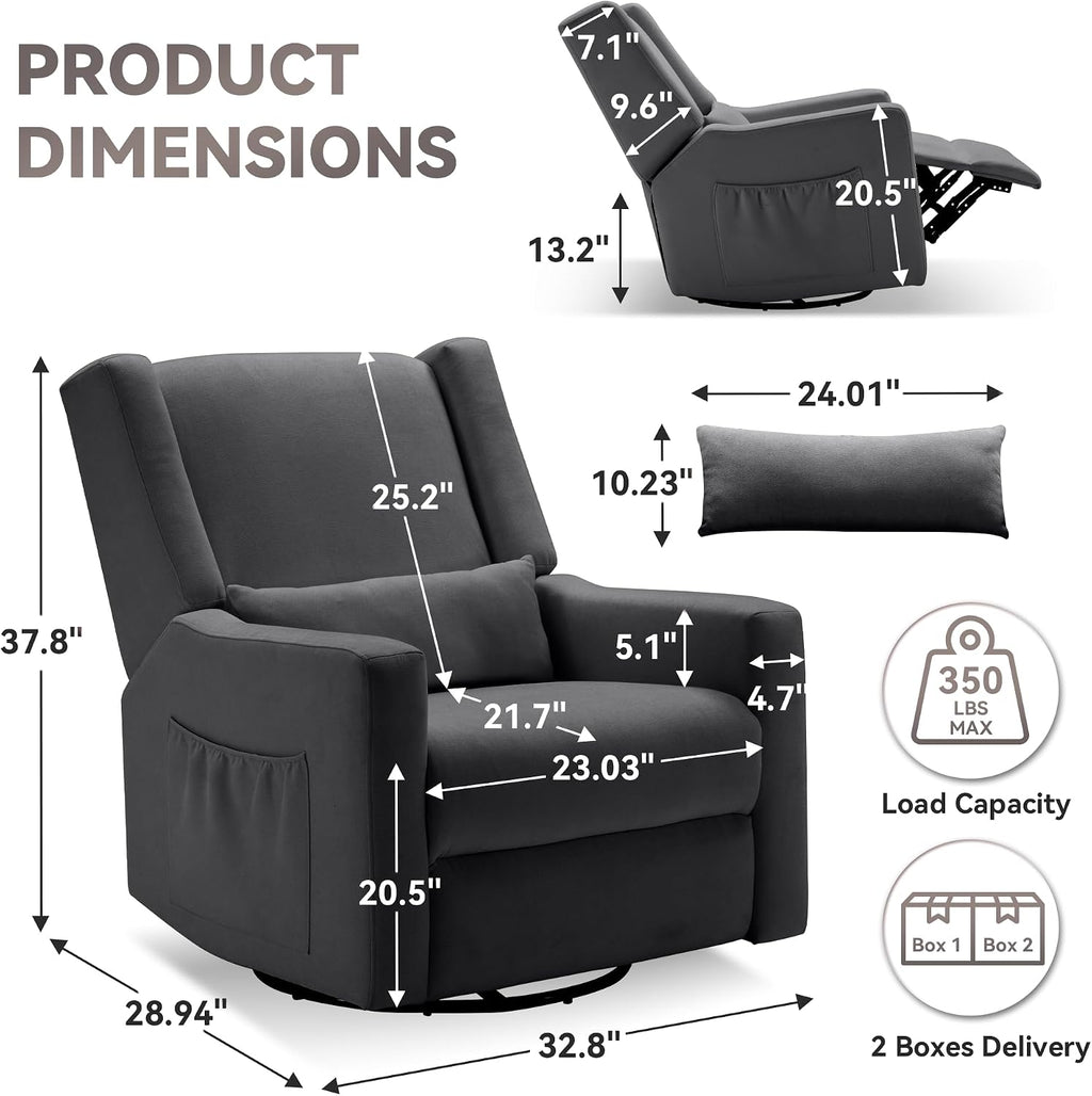 Tbfit 32" Nursery Rocking Chair, 360° Swivel Recliner Chair with Lumbar Support for Bedroom, Comfy Upholstered Armchair with Pillows & Footrest for Living Room & Baby Room
