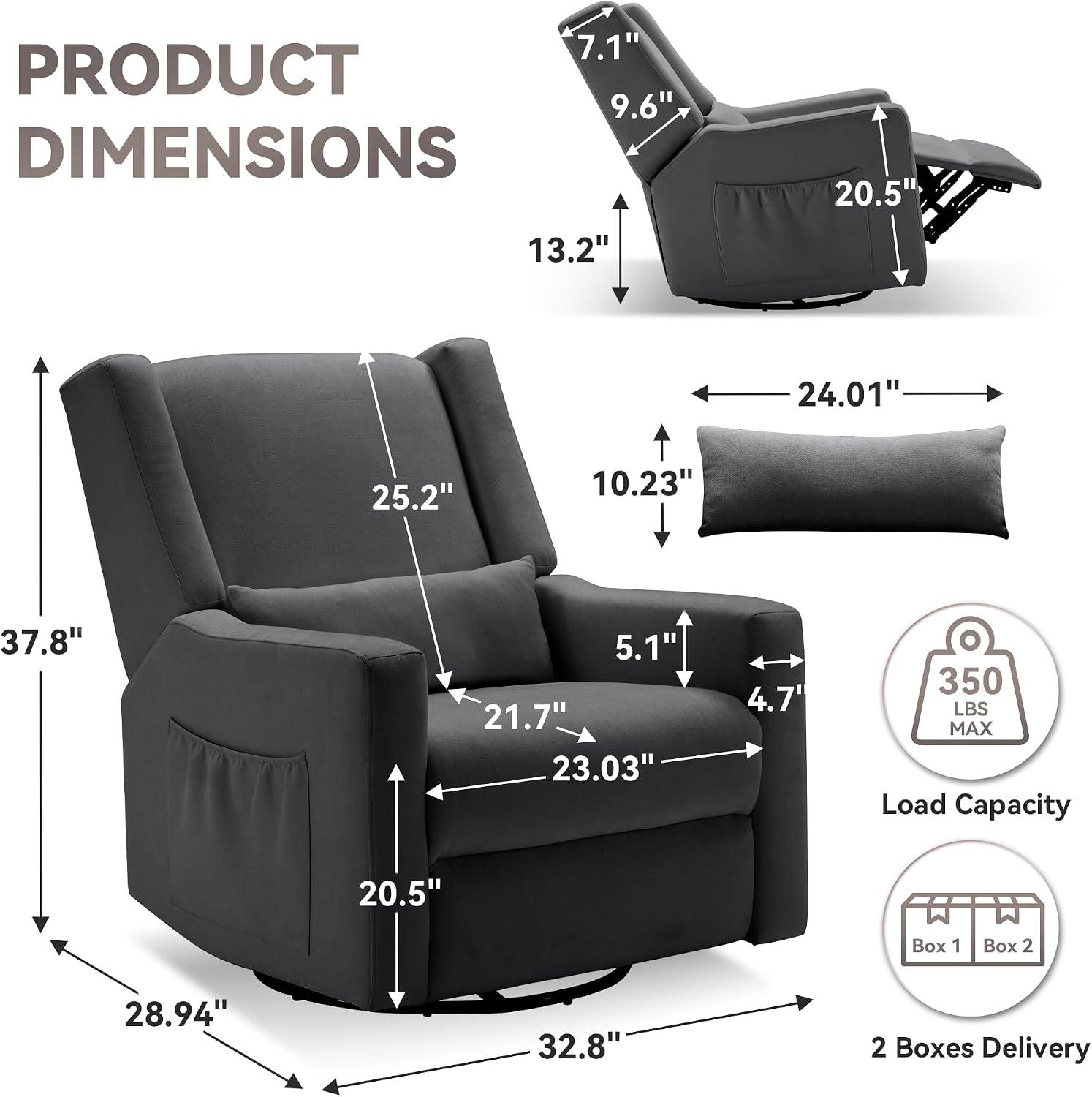 Tbfit 32" Nursery Rocking Chair, 360° Swivel Recliner Chair with Lumbar Support for Bedroom, Comfy Upholstered Armchair with Pillows & Footrest for Living Room & Baby Room