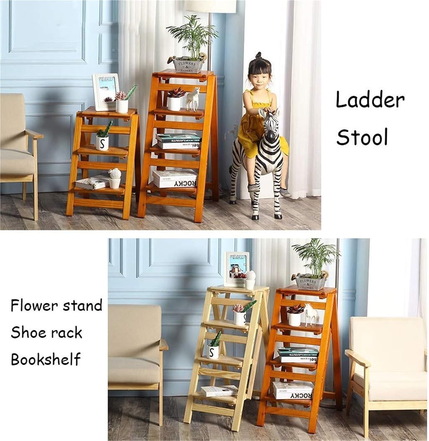 Step Stool Walnut Color 2/3/4-Step Wood Folding Step Stool Ladder - Lightweight Wide Tread Design for Home Library Loft Kitchen - 150kg Capacity(4 Steps)