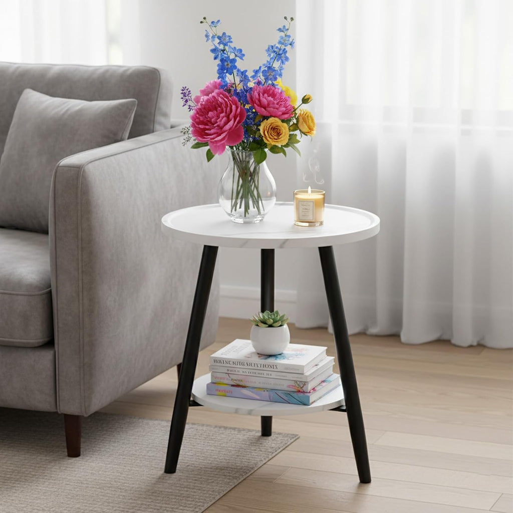 ShellKingdom Small Round Side Table, 2 Tier Marble Pattern End Table for Indoor Outdoor Bedroom Living Room Home Office Nightstand with Metal Frame (White Marble)