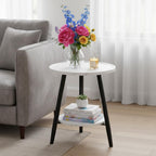 ShellKingdom Small Round Side Table, 2 Tier Marble Pattern End Table for Indoor Outdoor Bedroom Living Room Home Office Nightstand with Metal Frame (White Marble)
