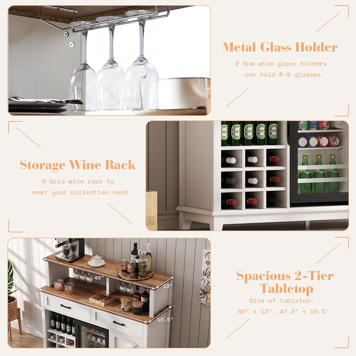 AMERLIFE 47" Farmhouse Coffee Bar Cabinet with 15" Refrigerator & Wine Rack & Glass Holder, Wine Cabinet with Storage Drawers & Open Shelves, Sideboard Buffet Cabinet for Dinging Room, Living Room