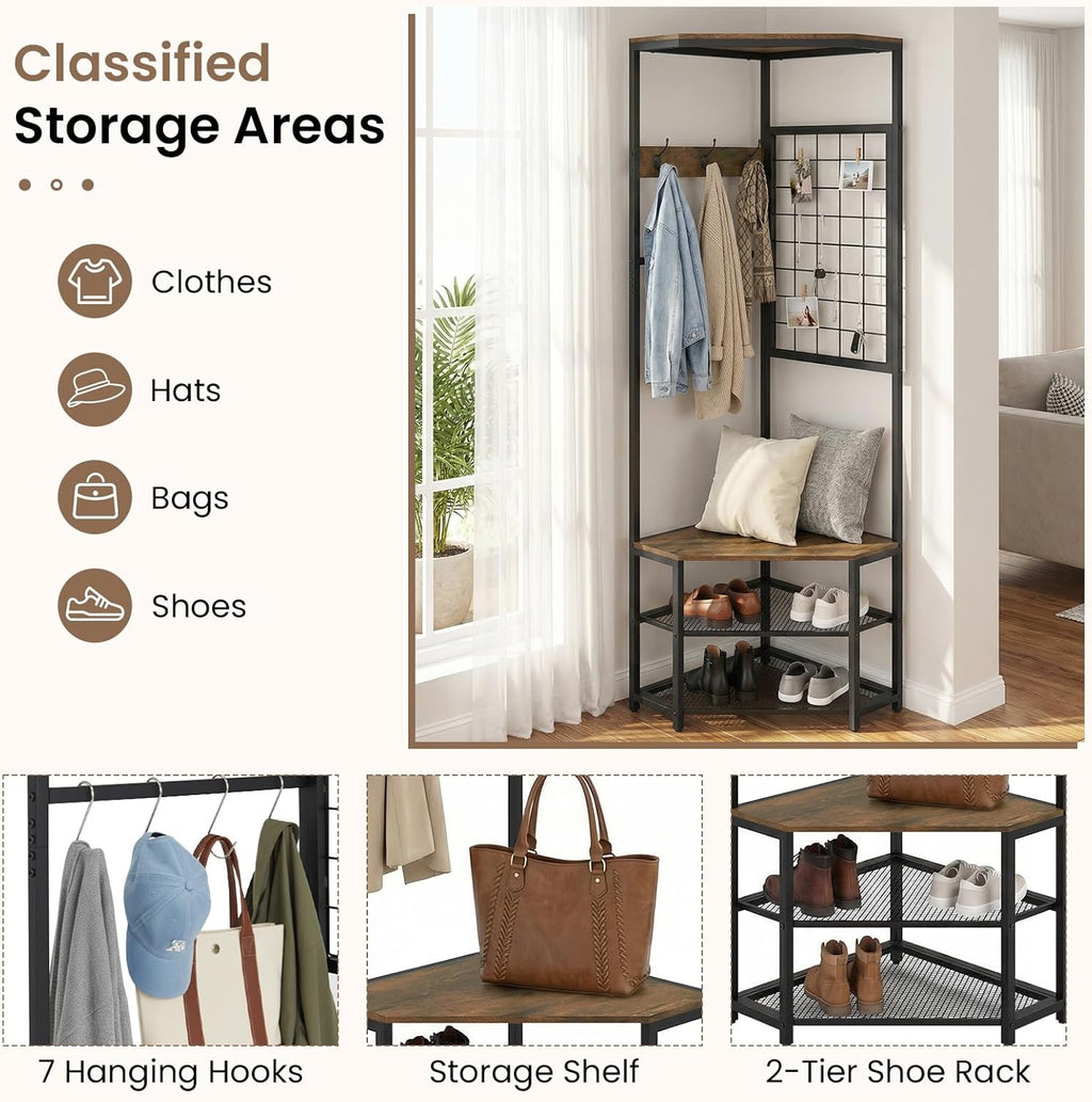 Giantex Corner Hall Tree with Shoe Bench, 4-Tier Freestanding Coat Rack with Hooks & 2-Tier Metal Wire Shoe Rack, Industrial Corner Storage Organizer for Entryway, Hallway, Bedroom