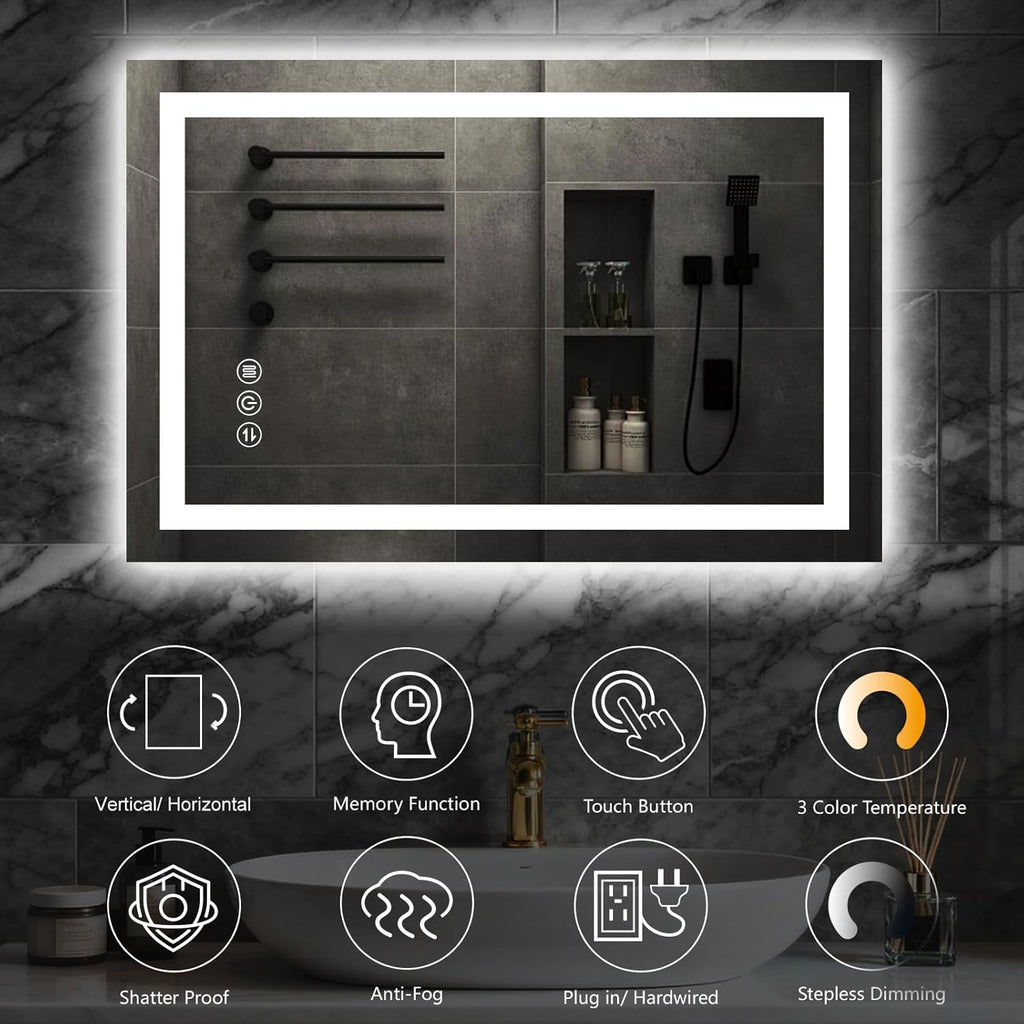 24"x 32" LED Bathroom Mirror with Light, Front and Backlit Controlled, Anti-Fog, 3 Colors Led Mirror, Dimmable, LED Wall Vanity Mirror with Lights, Memory Function, Tempered Glass,ETL Listed