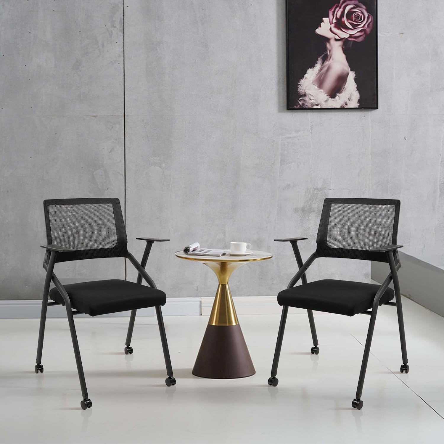 CLATINA Ergonomic Stackable & Foldable Conference Room Chairs, Mesh Office Chair with Arms and Wheels for Office Waiting Room Meeting Lobby Church School Receptions and Training Black