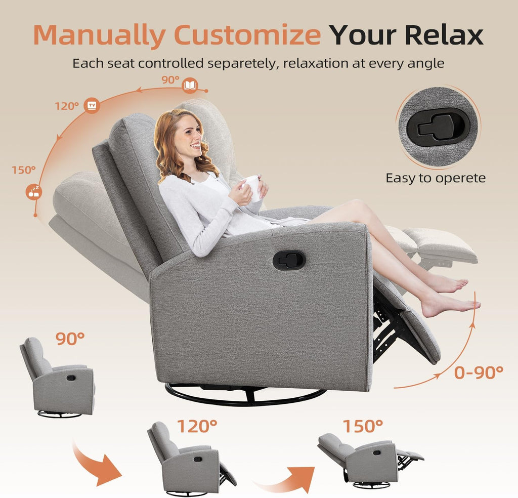 CANMOV Recliner Rocker Swivel Chair, Manual Chenille Glider Rocking Chair, Swivel Glider Recliners with Soft Backrest, 360° Swivel Nursery Reclining Sofa for Living Room Bedroom, Light Grey
