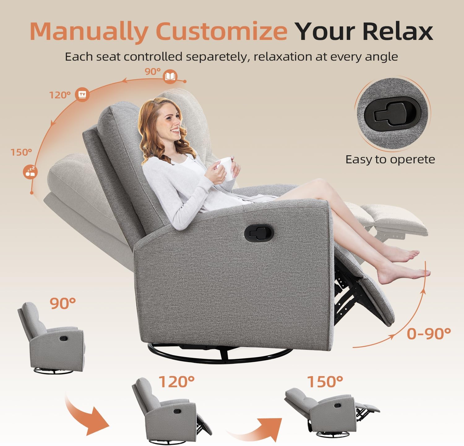 CANMOV Recliner Rocker Swivel Chair, Manual Chenille Glider Rocking Chair, Swivel Glider Recliners with Soft Backrest, 360° Swivel Nursery Reclining Sofa for Living Room Bedroom, Light Grey