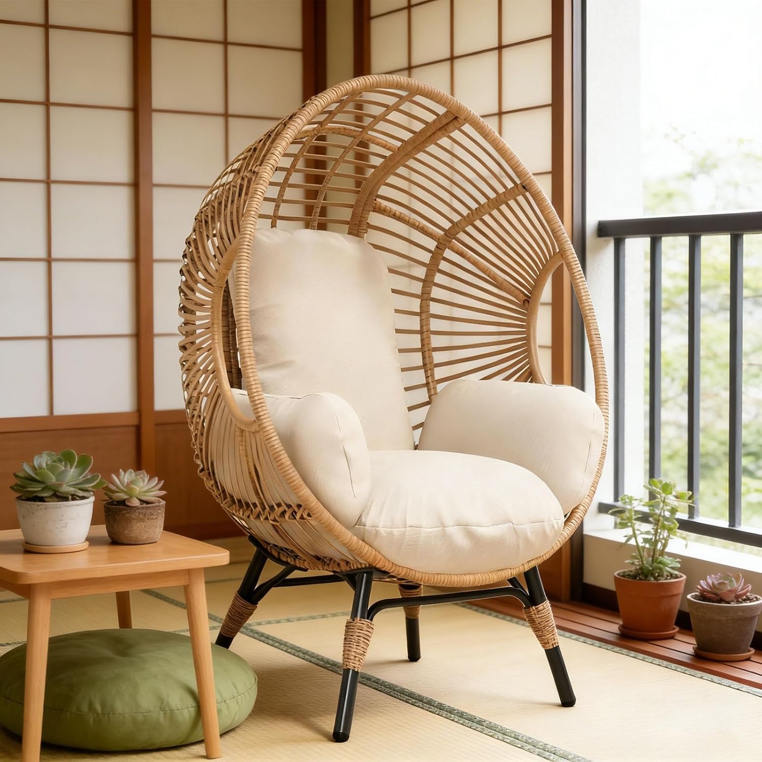 Wicker Chair Egg Shape, 400lbs Capacity, Indoor Outdoor, 8-Inch Cushion Balcony Chairs(Natural)