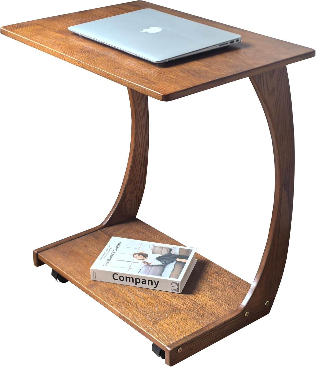 Solid Wood C-Shaped End Table with Wheels, Walnut Slide Under Sofa Side Table with Storage Shelf, Mobile Accent Table for Living Room Bedroom