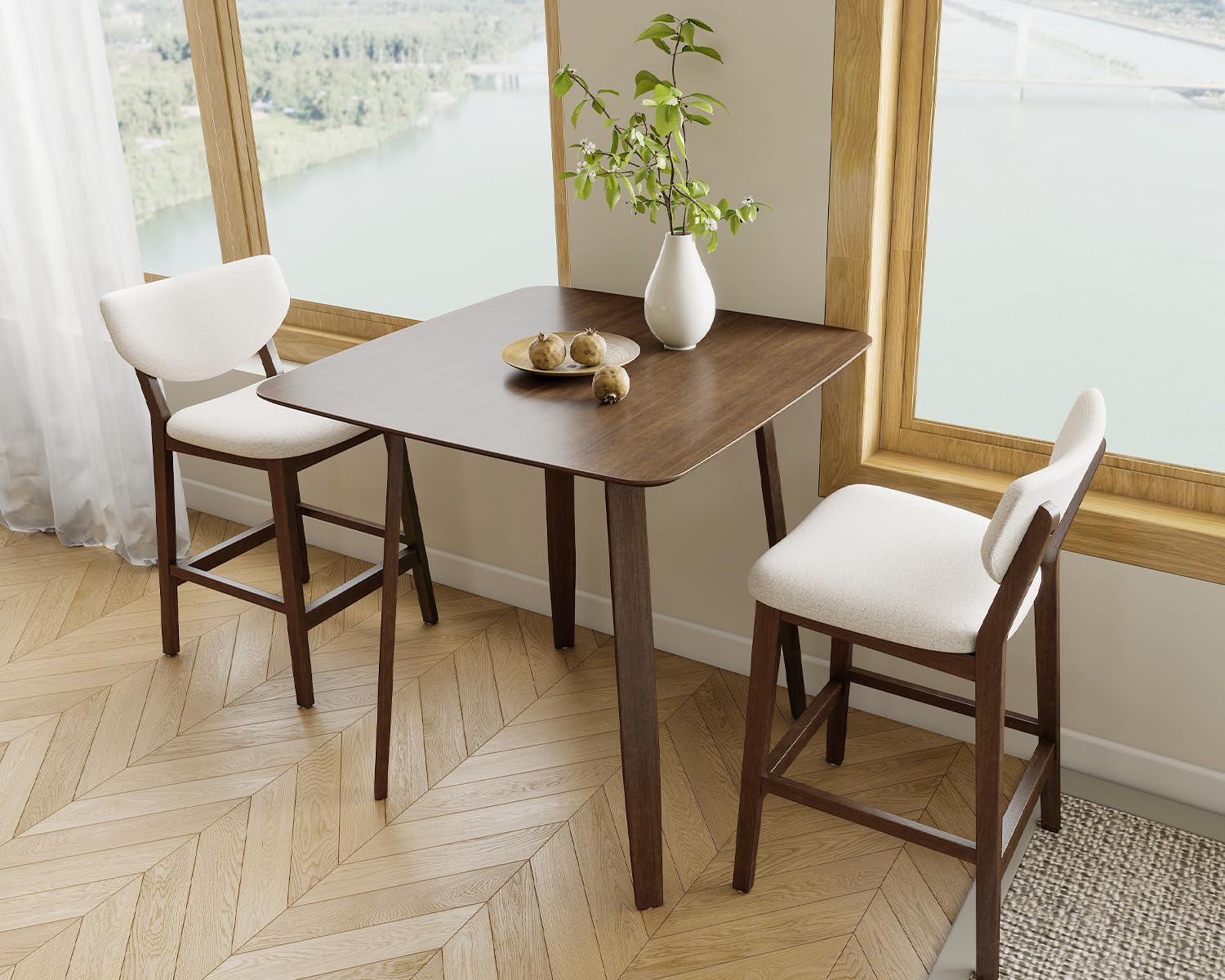 PrimeZone 3 Piece Dining Table Set - Counter Height Bar Table and Chairs Set for 2, Mid-Century Modern Upholstered Bar Stools with Back & Wood Kitchen Table, Dinette Set for Dining Room, Pub