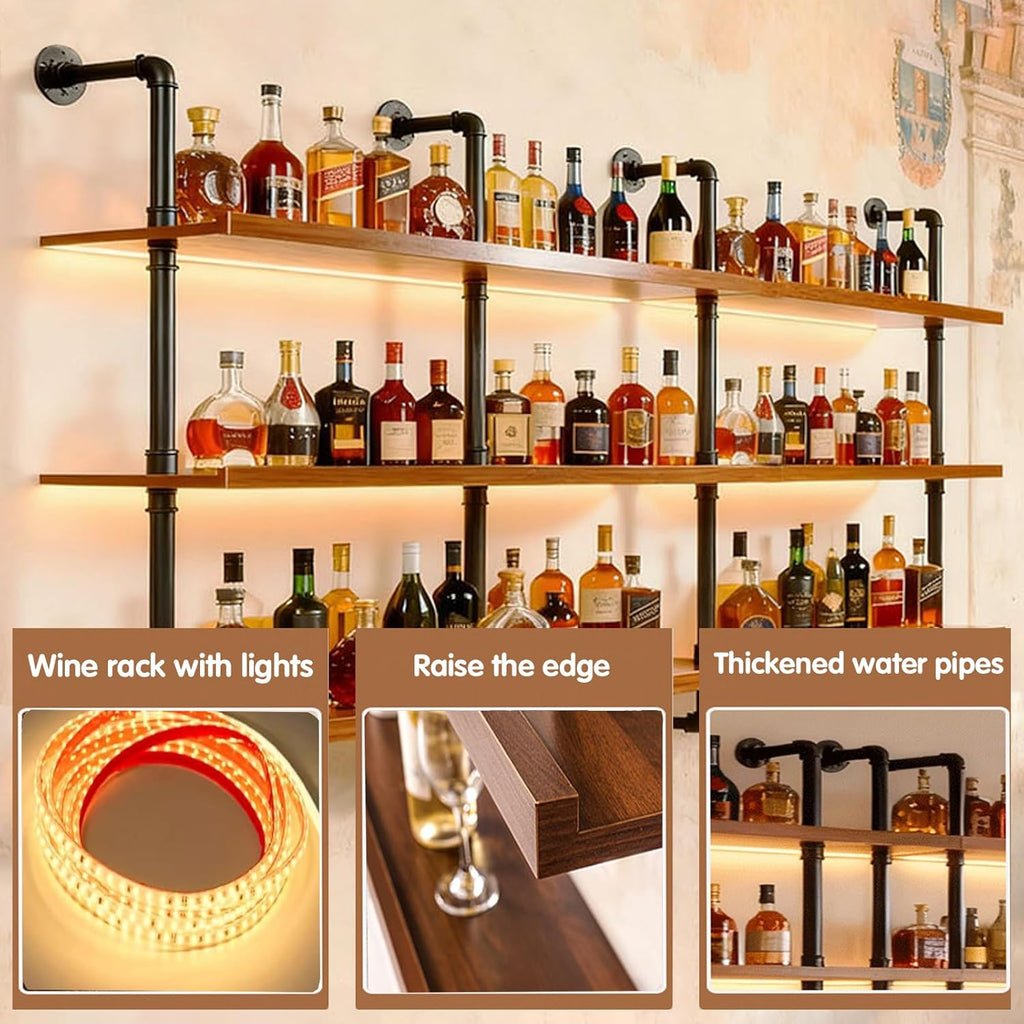 Wall Mounted Wine Rack with LED Light, 4 Tiers Large Wine Rack with Wine Glass Holder. lron & Wood Liquor Bottles Floating Shelves Display Storage for Bar, Kitchen, Cafe (Walnut, 80cm/32in)