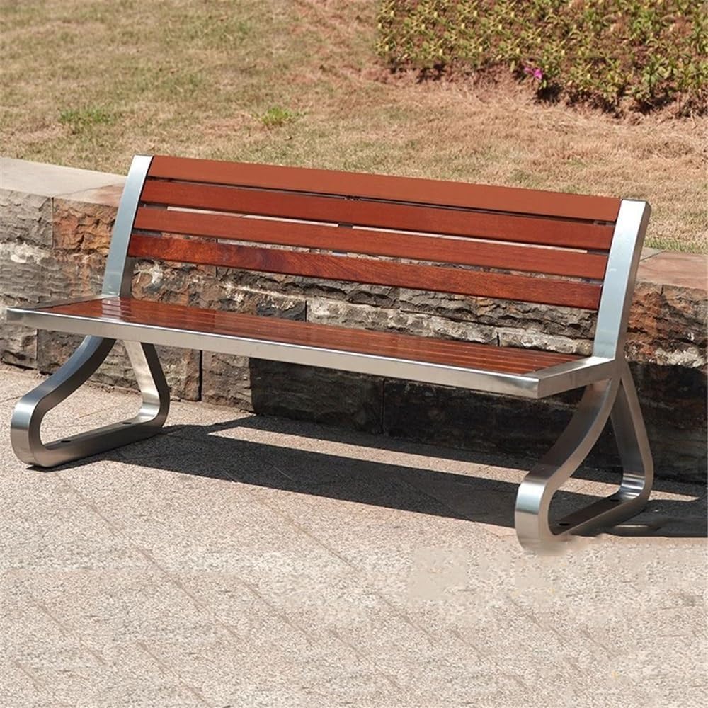 Garden Garden Wooden Backrest Bench, with Stainless Steel Metal Frame, Suitable for Indoor Outdoor Patio Seat