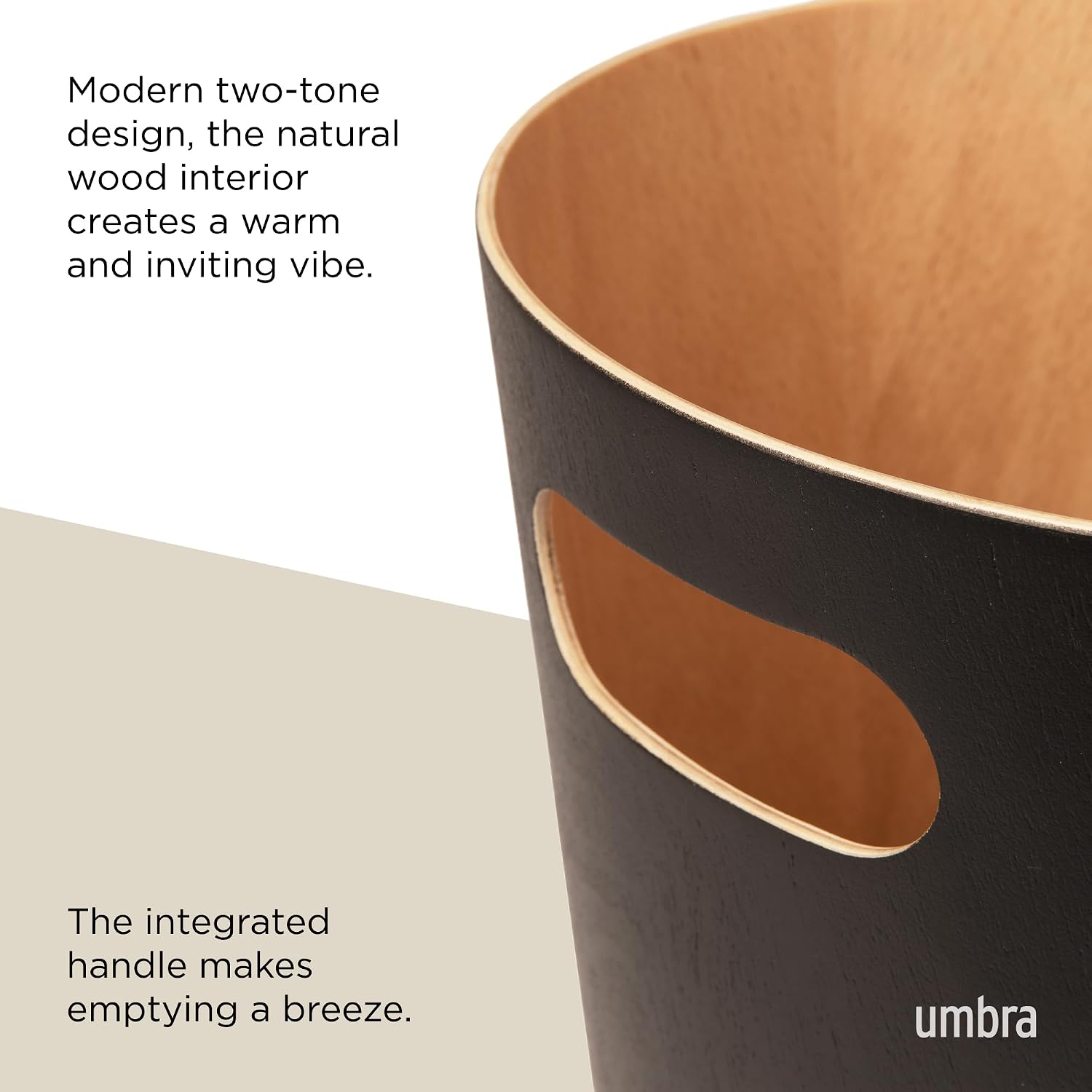 Umbra Woodrow 2-Gallon Modern Wooden Trash Can Wastebasket, Attractive Bin for Garbage or Recycling, Suitable for Home or Office, Black