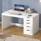 YOMILUVE 47 Inch Computer Desk with 5 Drawers and Power Outlets, Home Office Desks with Storage File Cabinet, Modern Simple Laptop Desk Writing Table for Small Spaces, White