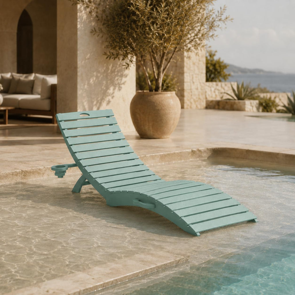 Kingdura Folding in-Pool Lounge Chairs, Anti-Floating HDPE Pool Lounger, Pre-Assembled Outdoor Chaise Lounge with Cup Holder & Handles, 330LBS Capacity for Poolside, Sun Deck, Beach, Light Blue