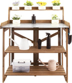 Ketive Folding Potting Bench Table,Outdoor Potting Bench Garden Wooden Potting Table,Fir Wood Workstation Planting Table with Galvanized Tabletop,2 Tier Storage Shelves,Top Shelf(Brown)