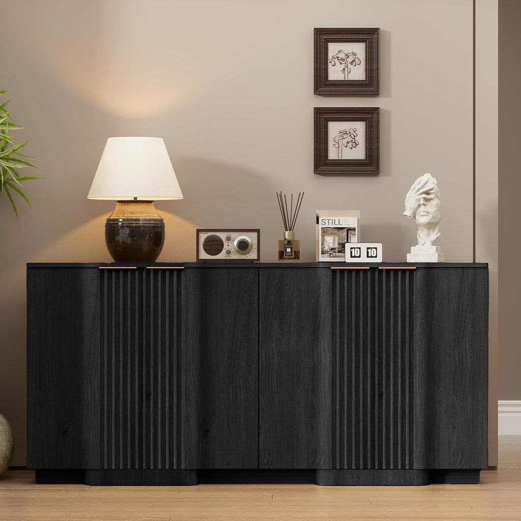 Yechen Buffet Cabinet with Storage, 55" Accent Sideboard Modern Credenza with Doors & Adjustable Shelves Fluted Media Console Wood Coffee Bar Table for Living Kitchen Dining Room Black(4 Door)