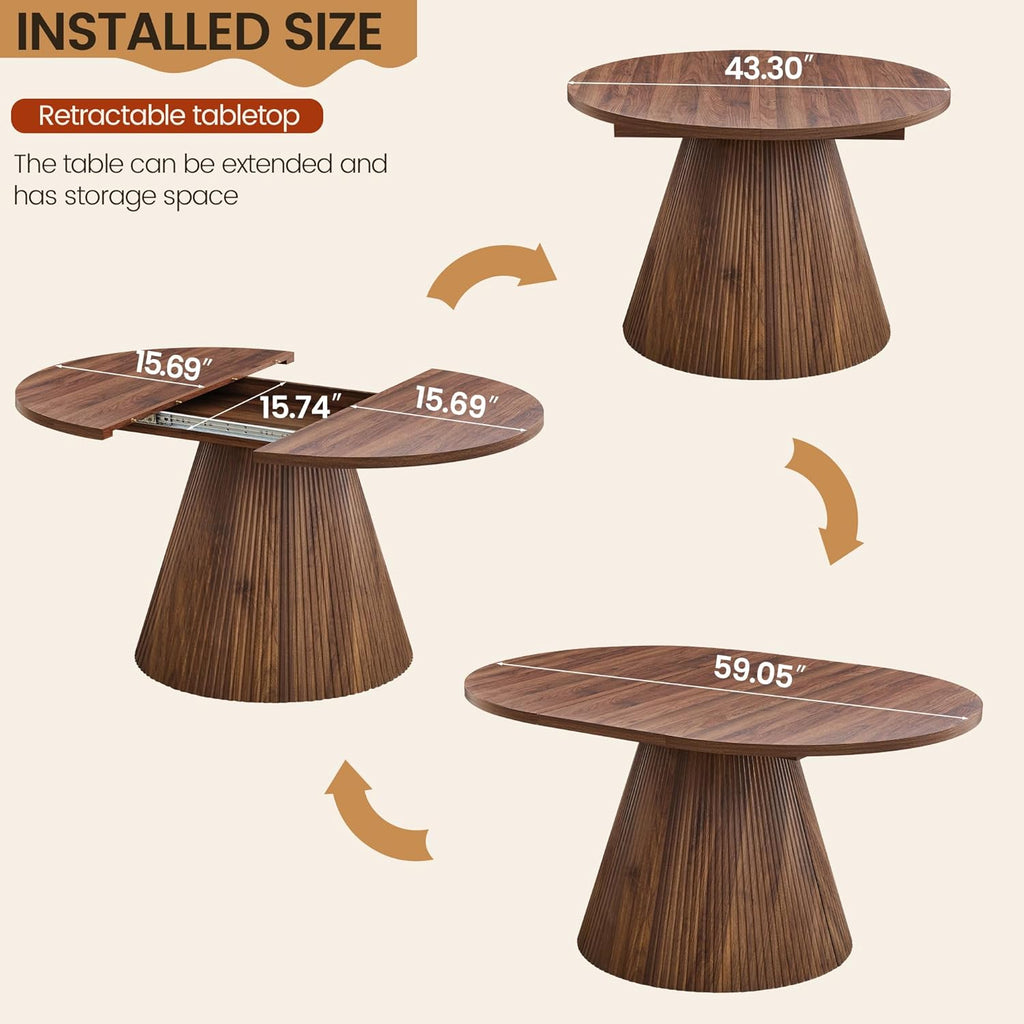 FurSch 43.3"-59" Extendable Oval Dining Table for 4-6-8, Round Adjustable Kitchen Table with Removable Leaves Space Saving, Transformer Dinner Table with Fluted Pedestal Base for Living Room (Walnut)