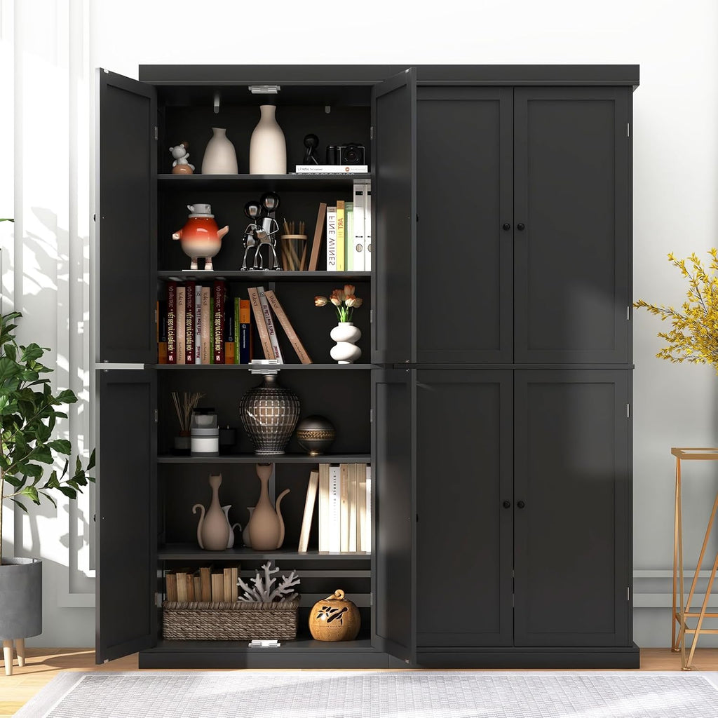 Giantex 4 Door Kitchen Pantry, 72.5” Tall Buffet Cabinet, Freestanding Modern Storage Cabinet Organizer w/ 6-Tier Shelves, 2 Adjustable Shelves, Floor Cupboard for Dining Room, Living Room (Black)