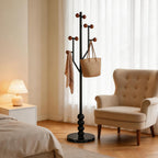 Freestanding Mid-Century Modern Tree Coat Rack | Freestanding metal rack with black marble base & wood spherical hooks for entryway, bedroom, living room