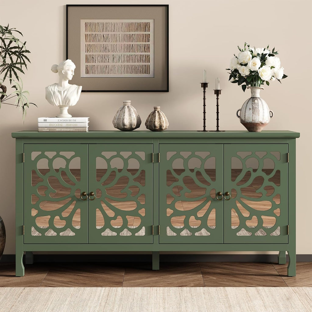 RoyalCraft 63'' Buffet Cabinet with Mirror Butterfly Carved Door, Sideboard Cabinet with Adjustable Shelves, Vintage Accent Credenza Media Console for Entryway, Kitchen, Forest Green