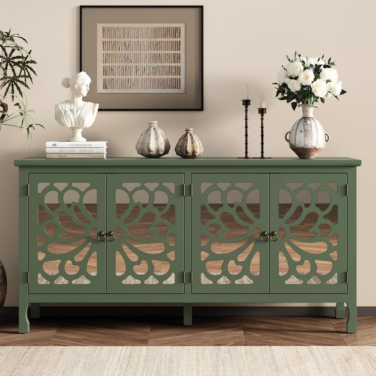 RoyalCraft 63'' Buffet Cabinet with Mirror Butterfly Carved Door, Sideboard Cabinet with Adjustable Shelves, Vintage Accent Credenza Media Console for Entryway, Kitchen, Forest Green