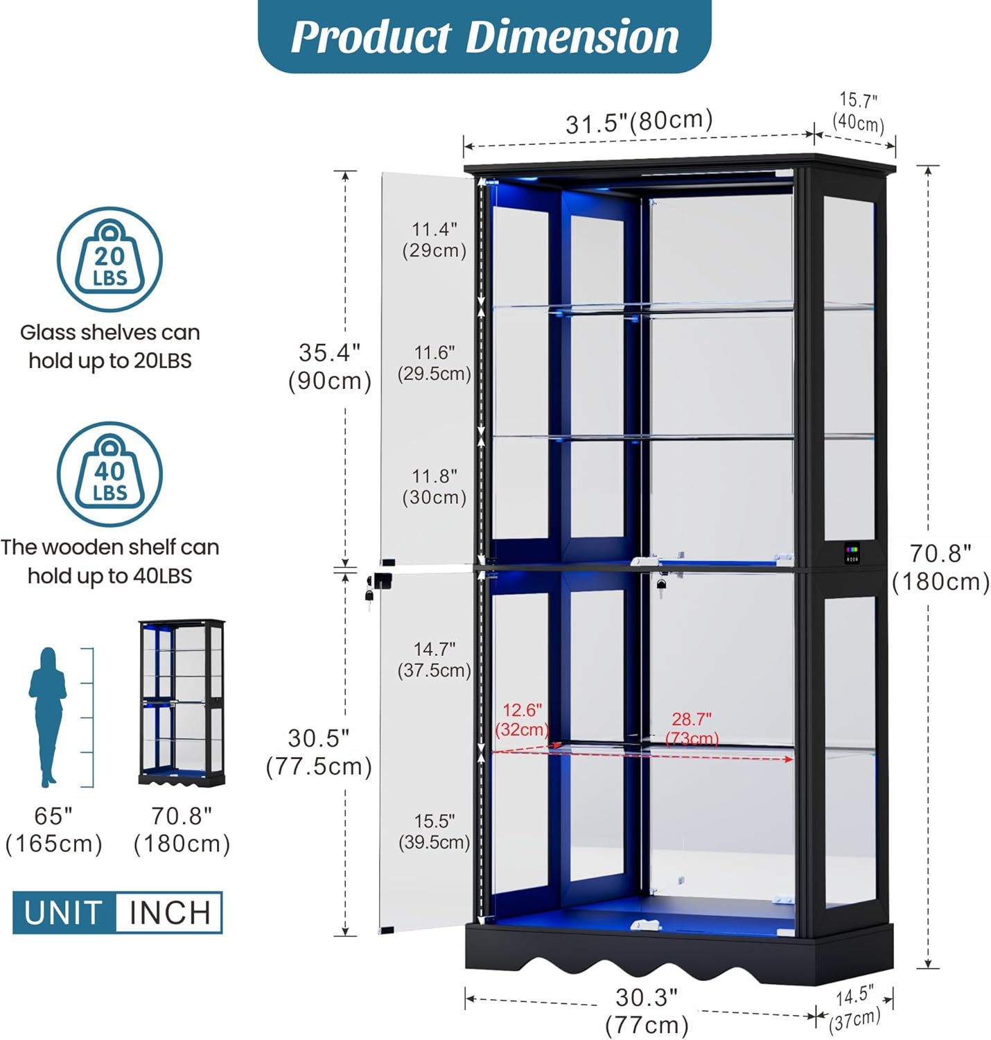 Dystler 71'' Glass Display Cabinet with Doors, RGB Curio Cabinet with LED Lights for Collectibles, Display Case with Adjustable Shelf, Black
