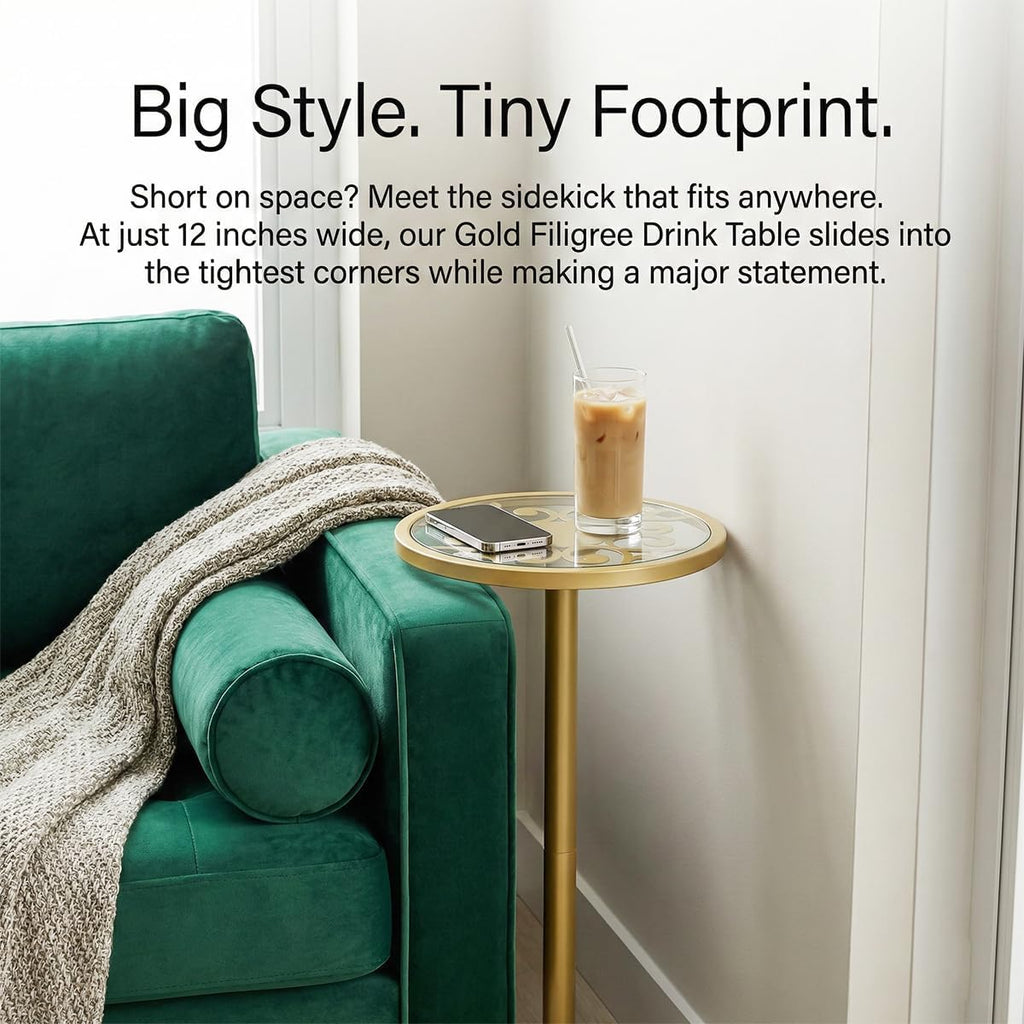 Gold Drink Table, Indoor Outdoor Small Round Side Table with Tempered Glass Top & Scroll Design, 24.7" Metal Pedestal End Table for Living Room, Patio, Small Spaces, Weather Resistant