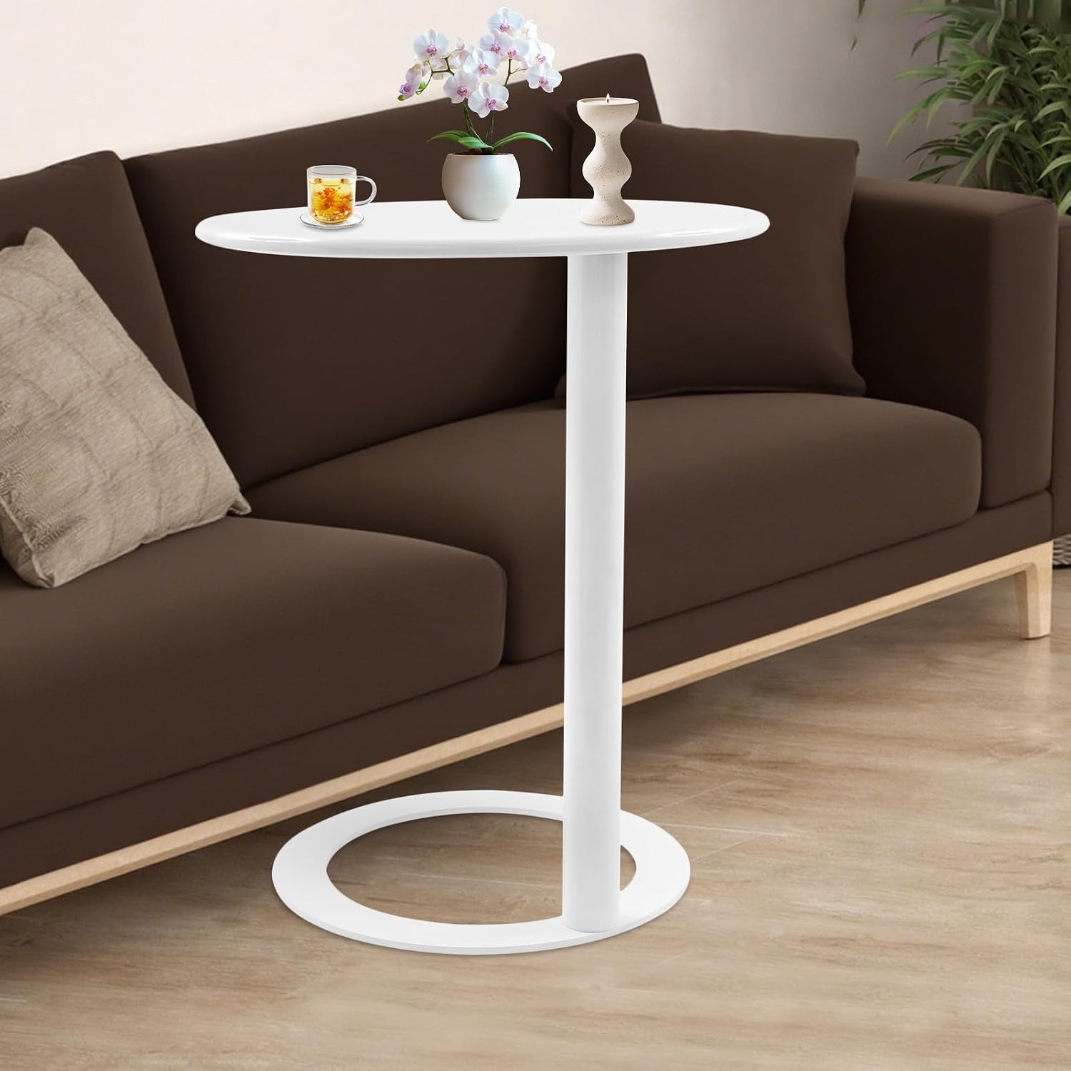 C-Shaped Round End Table for Couch, Mental Side Table Sofa Tables Slide Under Couch for with O-Shaped Base for Small Space, White
