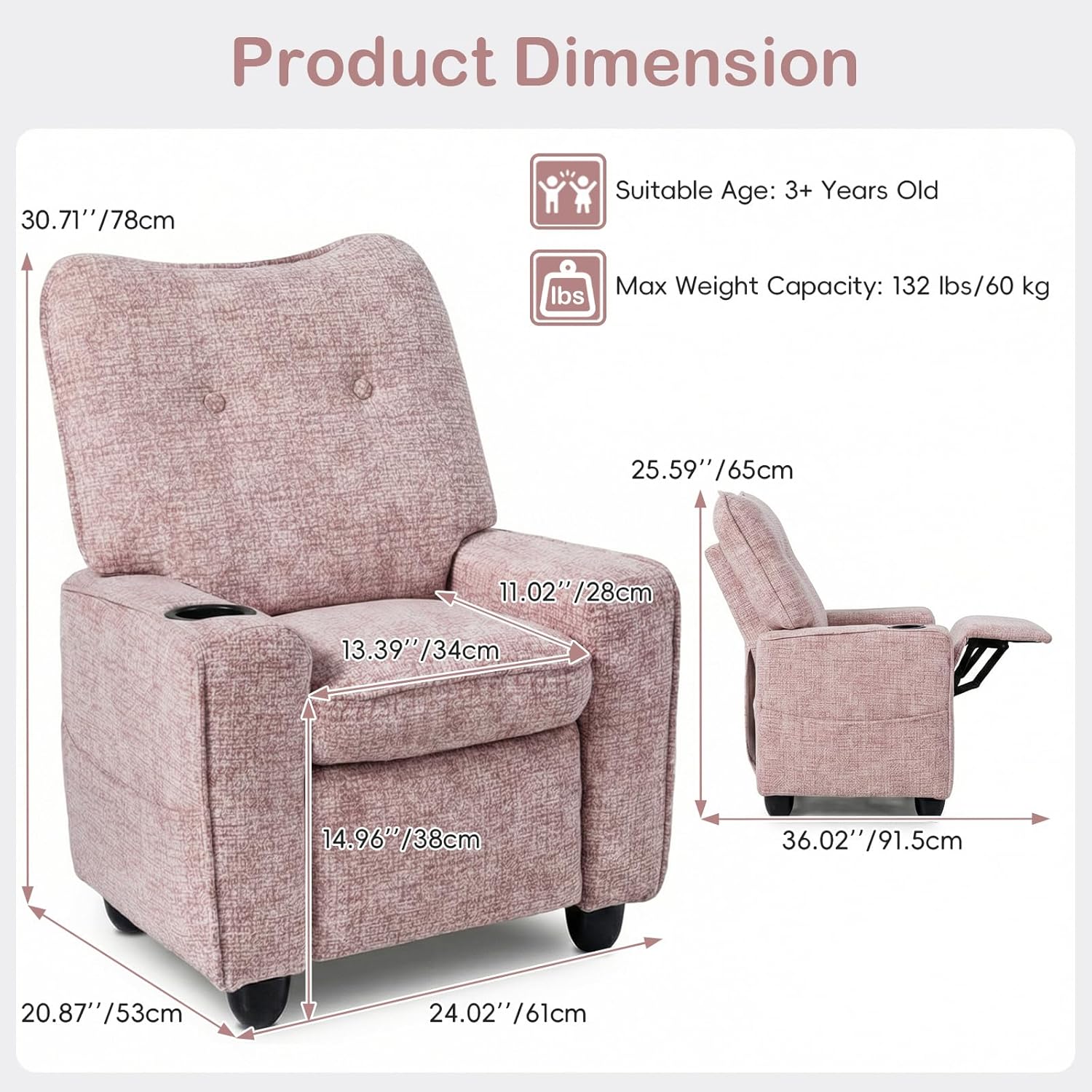 INFANS Kids Recliner, Toddler Lounge Chair with Adjustable Backrest Footrest Side Pockets Cup Holder 90 lbs Load, Velvet Fabric Toddler Couch