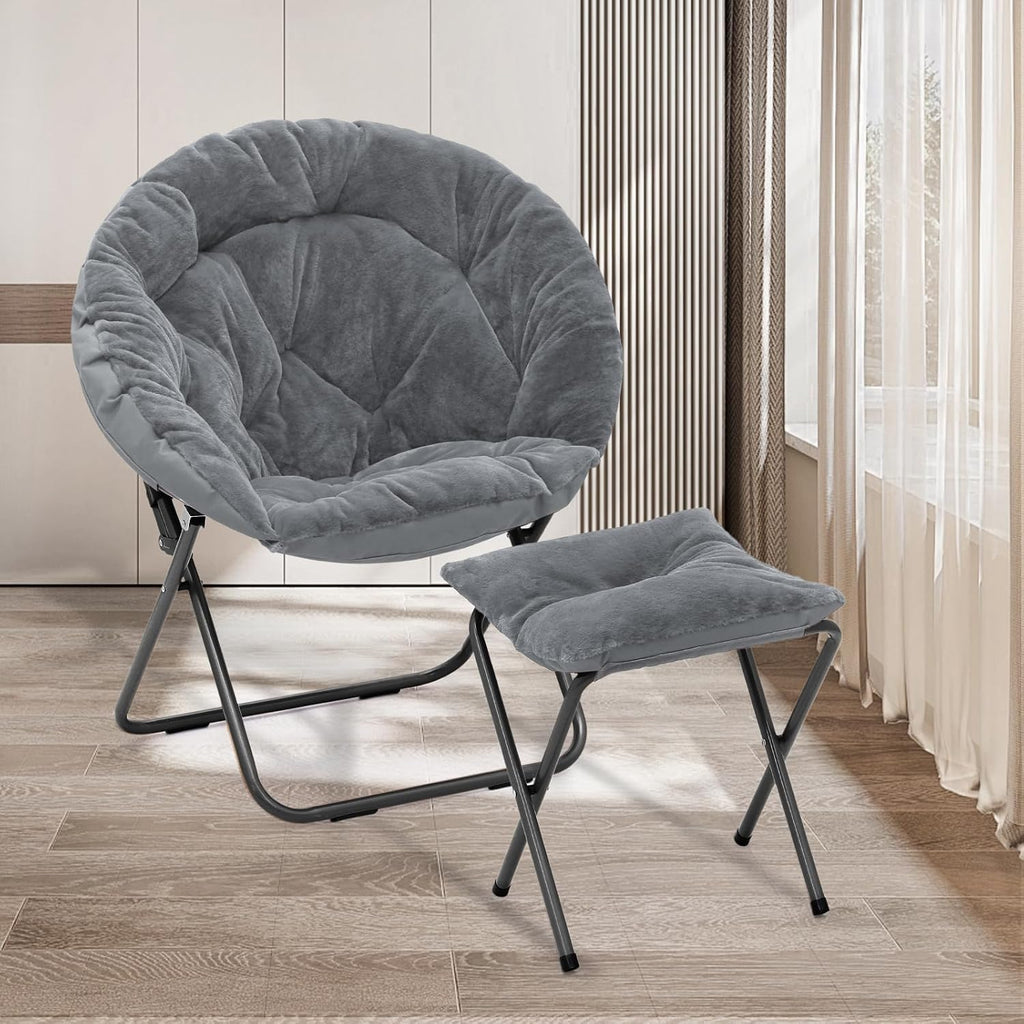 Athena Collection Oversized Saucer Chair with Ottoman, Comfy Lazy Chair for Bedroom Living Room, Folding Round Cozy Moon Chair Faux Fur Metal Frame Foldable Reading Chair for Adults, Grey
