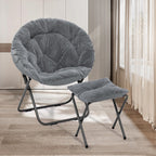 Athena Collection Oversized Saucer Chair with Ottoman, Comfy Lazy Chair for Bedroom Living Room, Folding Round Cozy Moon Chair Faux Fur Metal Frame Foldable Reading Chair for Adults, Grey