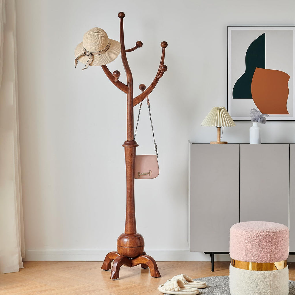 Wood Freestanding Coat Rack with 8 Hooks Coat Tree Standing,Walnut | Wooden Creative Clothes Hanger with Sturdy Sphere Base and Tree Branch Hooks 160lb Load Capacity for Entryway Hallway Bedroom