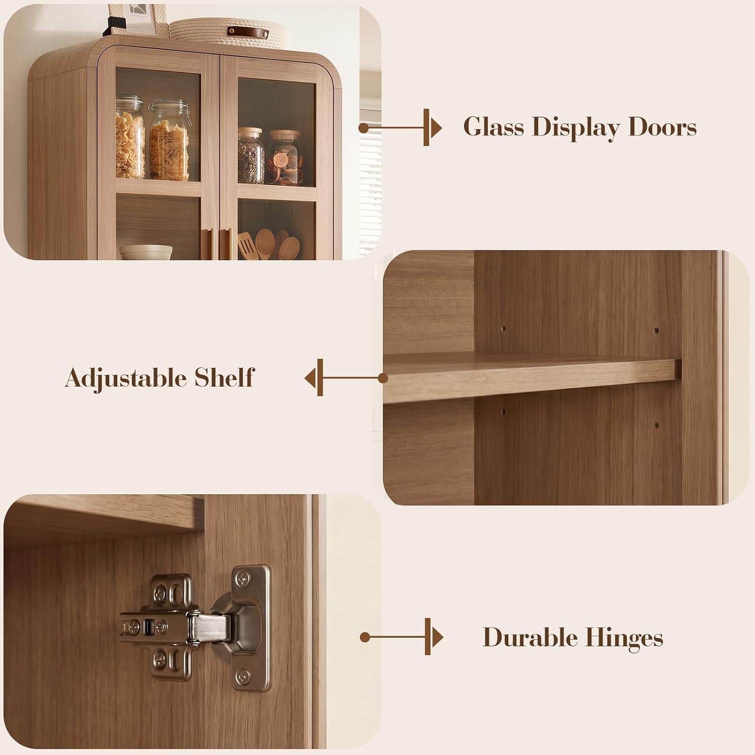 77" Tall Kitchen Pantry Cabinets, Wooden Curved Storage Cabinets with Adjustable Shelf, 1.18'' Panel Freestanding Cupboard for Dining Room, Living Room, Bathroom, Oak, 1Pcs