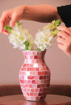 8" Pink Agate Mosaic Vase, Handmade Textured Glass Flower Vase, Romantic Rose Glass Centerpiece for Bedroom, Bathroom, Coastal Home Decor & Valentine's Day Gift