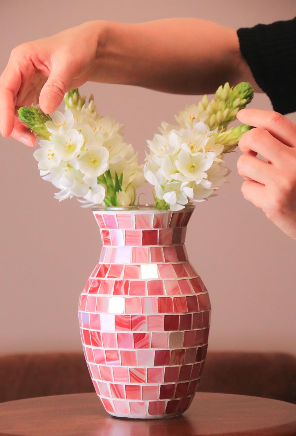 8" Pink Agate Mosaic Vase, Handmade Textured Glass Flower Vase, Romantic Rose Glass Centerpiece for Bedroom, Bathroom, Coastal Home Decor & Valentine's Day Gift