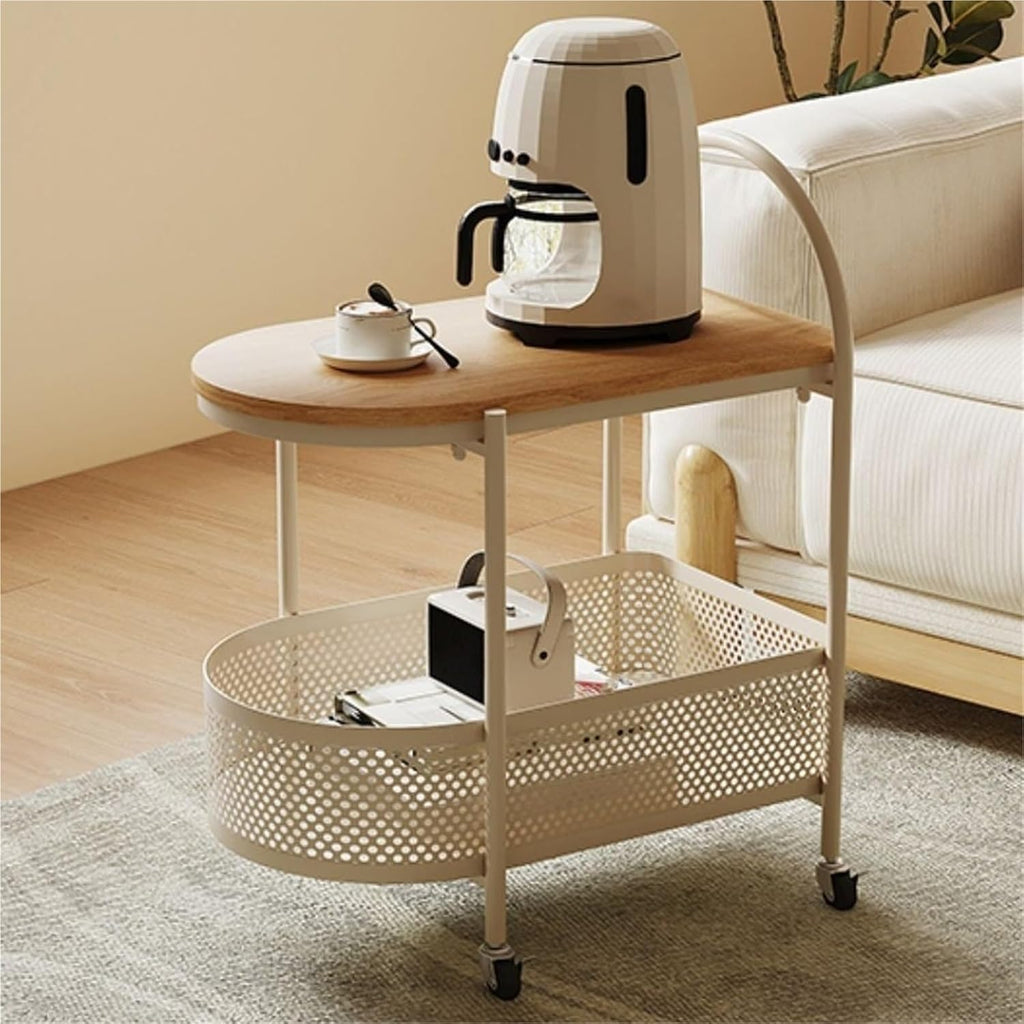 Sofa Side Table with Wheels Coffee Storage Cart Movable End Table with Storage Basket Iron Frame Small Coffee Tables for Living Room Multi Scenario Use(White)