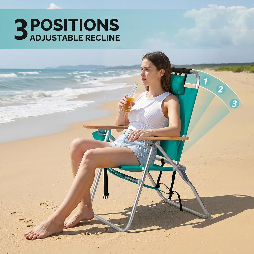 Bonnlo 17“ Lightweight High Backpack Beach Chair, 2 Pack Portable Tall Beach Chairs for Adults with Side Bag. 3 Level Adjustable Positions for Camping Patio and Picnic