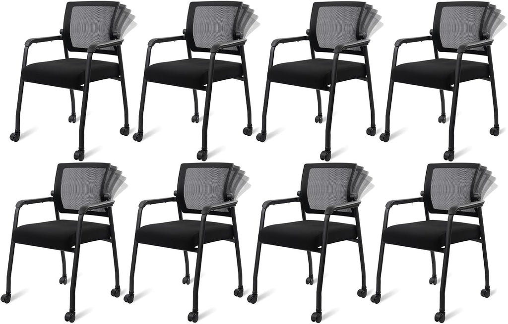 KLASIKA Ergonomic Mesh Back Armchairs with Non-Slip Mute Casters and Upholstered Fabric Thickened Seat, Reception Guest Chair with Lumbar Support for School Church Office Conference Room, Black 8Pack